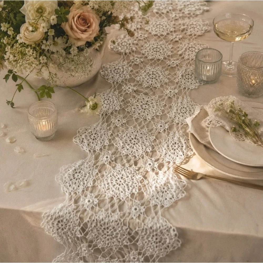 Vintage Table Runner Crochet Floral Lace 64x17 Ivory Cottagecore Victorian Boho